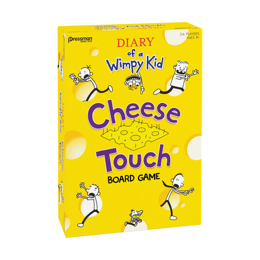 Diary of a Wimpy Kid Cheese Touch Board Game box with yellow background, cartoon characters, and cheese illustration, for 3-6 players ages 8+
