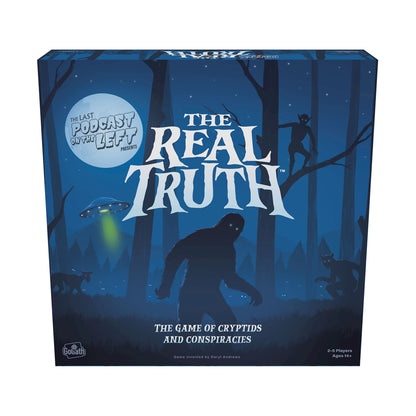 The Real Truth board game box featuring a nighttime forest scene with silhouettes of cryptids, UFO, and moon, designed by The Last Podcast on the Left, for 2-5