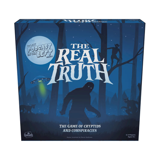 The Real Truth board game box featuring a nighttime forest scene with silhouettes of cryptids, UFO, and moon, designed by The Last Podcast on the Left, for 2-5