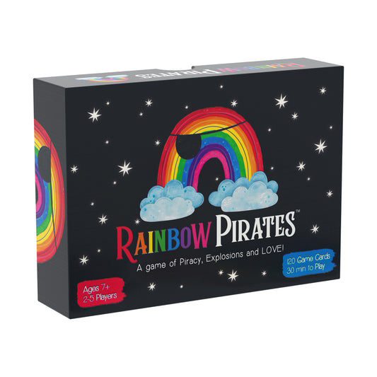 Rainbow Pirates card game box featuring a colorful rainbow with pirate eye patch and clouds on black background with stars, labeled Ages 7+, 2-5 Players, 120 Ga