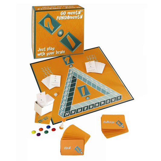 Go Mental FUNDAMental board game box and contents displayed, including game board with numbered grid, colored card decks labeled 'steal' and 'challenge', colore