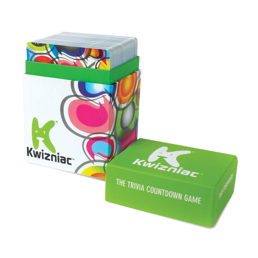 Kwizniac The Trivia Countdown Game box with colorful graphic design and green band, displayed with game card box
