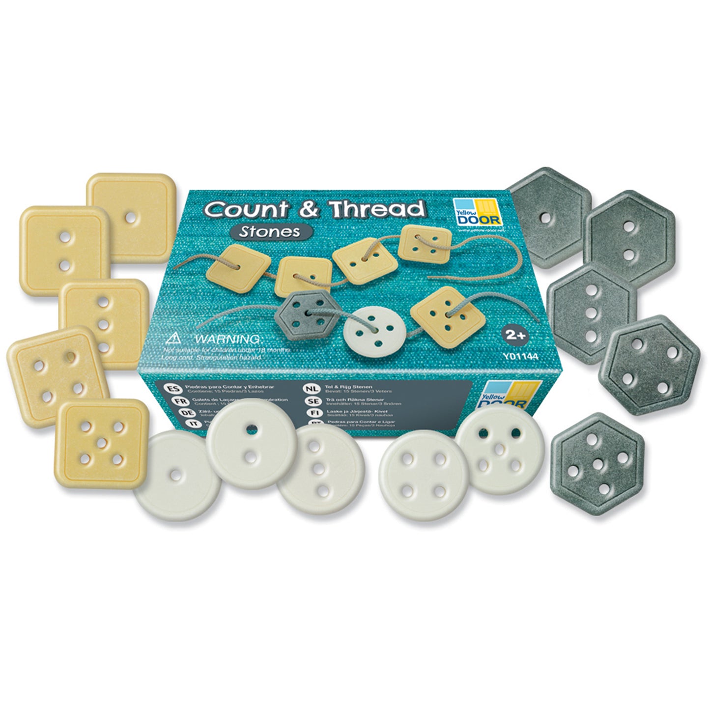 Count & Thread Stones set with yellow and white square and circular stones with holes, gray hexagonal stones, and turquoise box packaging labeled for ages 2+