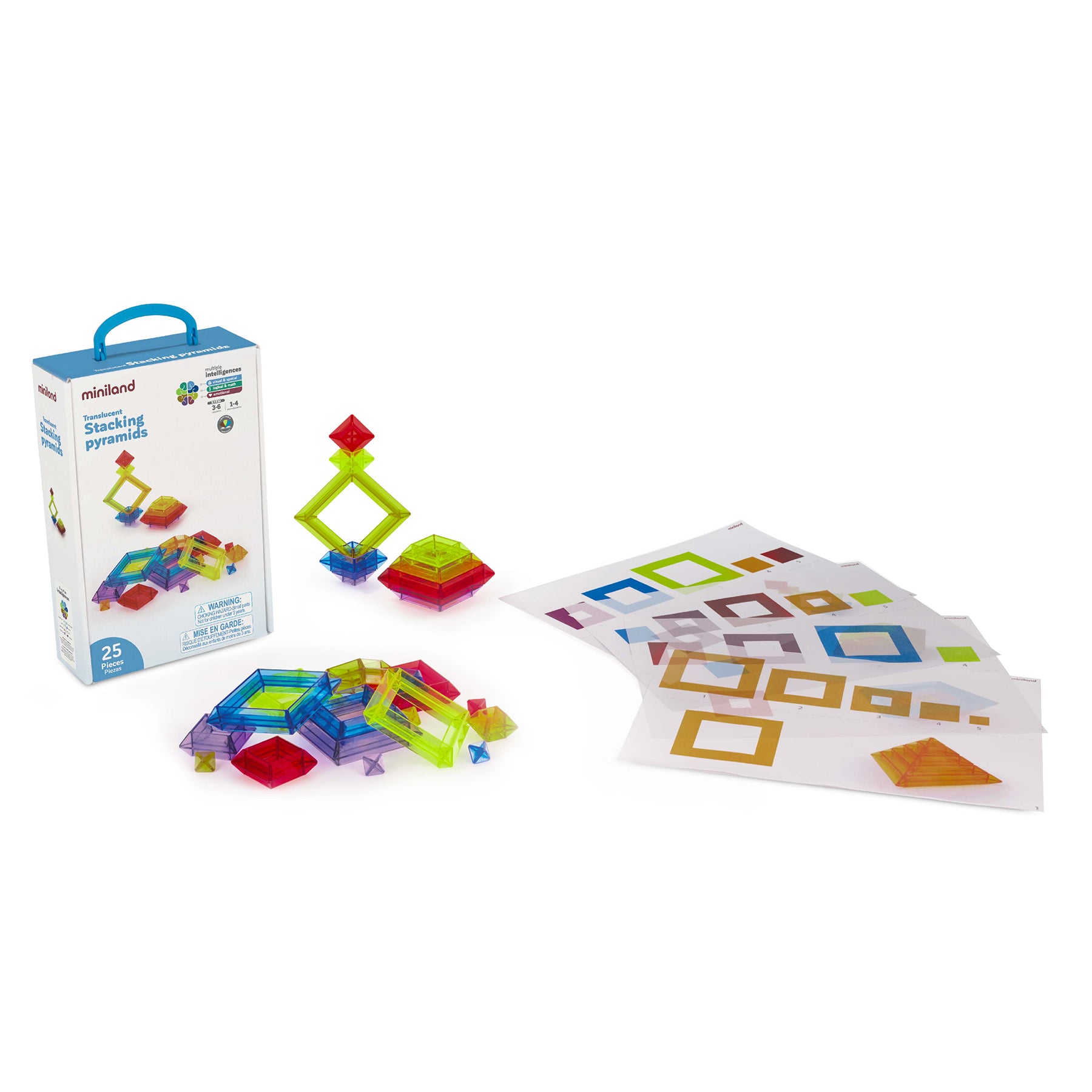 Miniland Translucent Stacking Pyramids set with colorful geometric pieces in blue, green, red, and yellow, displayed with instruction cards showing building pat