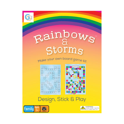 Rainbows & Storms Make your own board game kit box featuring rainbow gradient background, two game board templates, and Design, Stick & Play tagline
