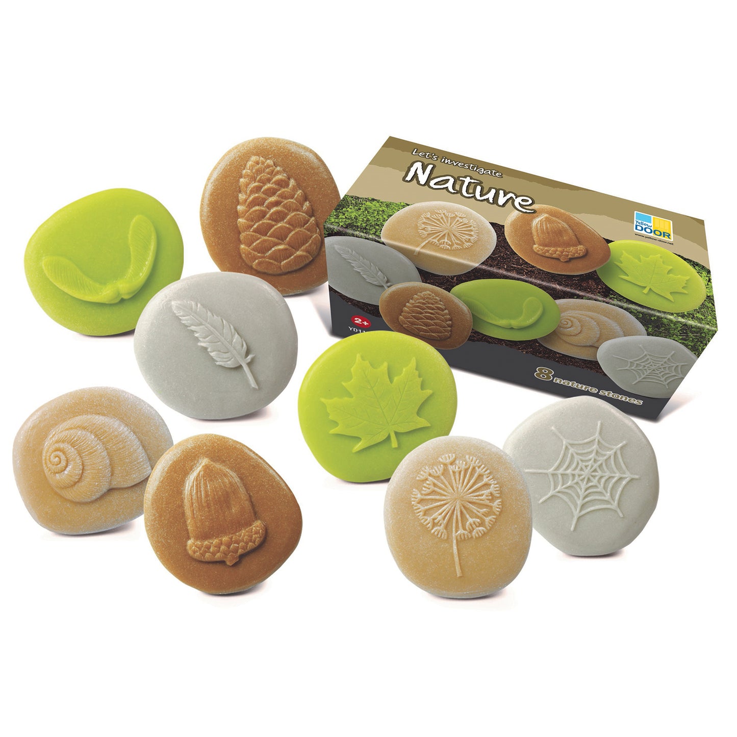 Let's Investigate Nature Exploration Stone Set with 8 tactile stones featuring nature impressions including pinecone, shell, leaf, feather, and spiderweb design