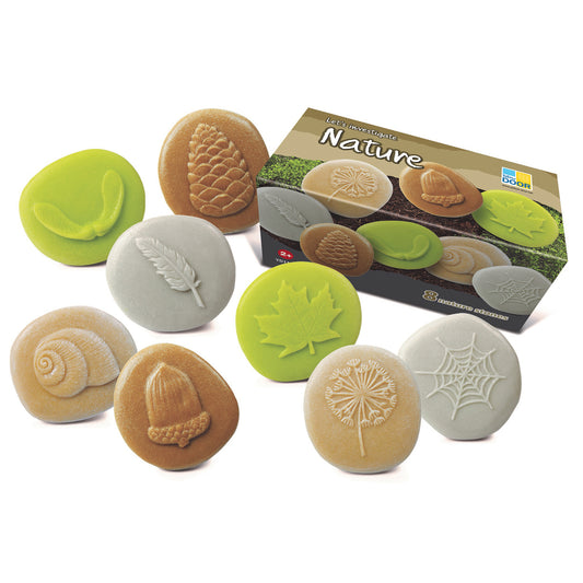 Let's Investigate Nature Exploration Stone Set with 8 tactile stones featuring nature impressions including pinecone, shell, leaf, feather, and spiderweb design
