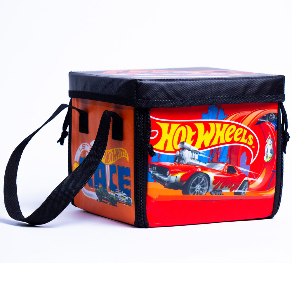 Hot Wheels ZipBin Ramp It Up play and storage bin with red and orange design, black handles and shoulder strap