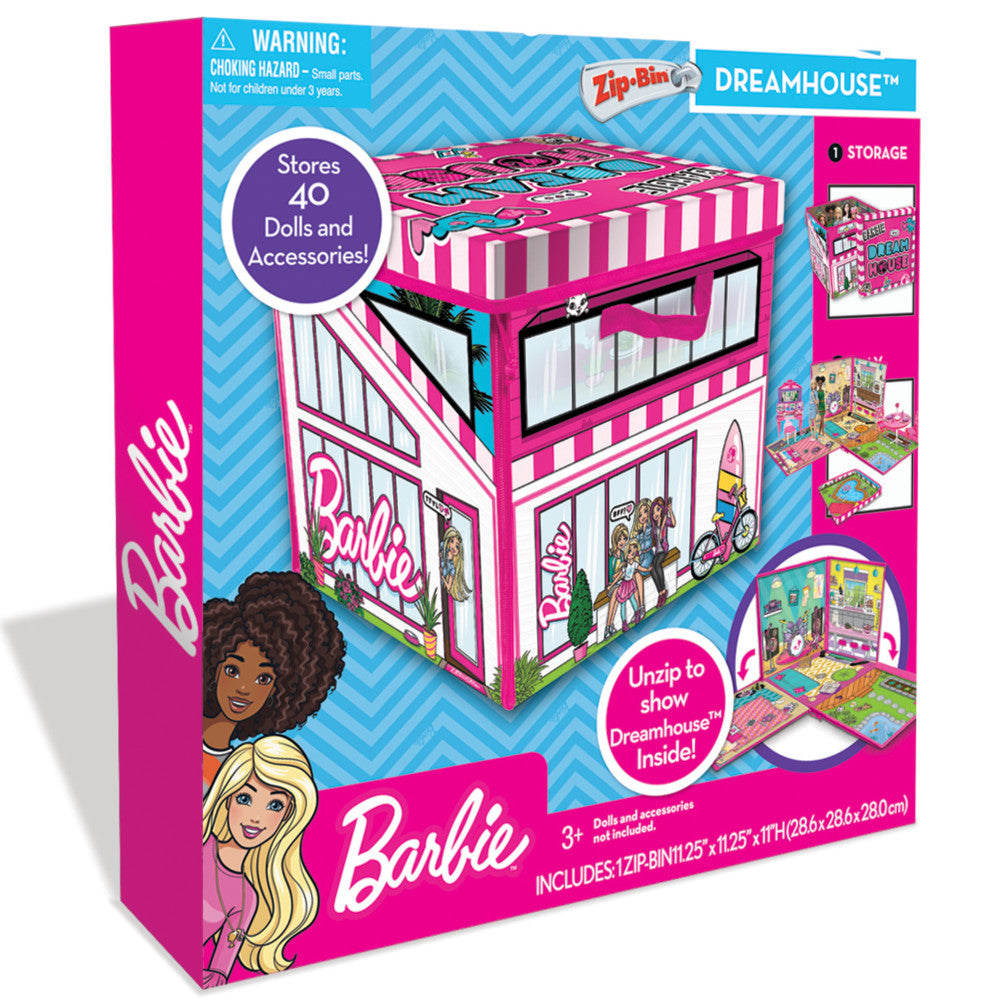 Barbie ZipBin Dreamhouse playset box showing pink and white striped storage case that unzips to reveal a two-story dreamhouse, stores 40 dolls and accessories,