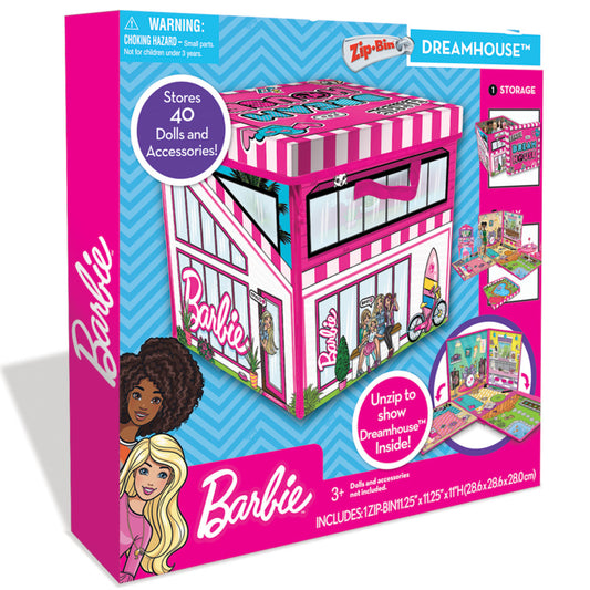 Barbie ZipBin Dreamhouse playset box showing pink and white striped storage case that unzips to reveal a two-story dreamhouse, stores 40 dolls and accessories,