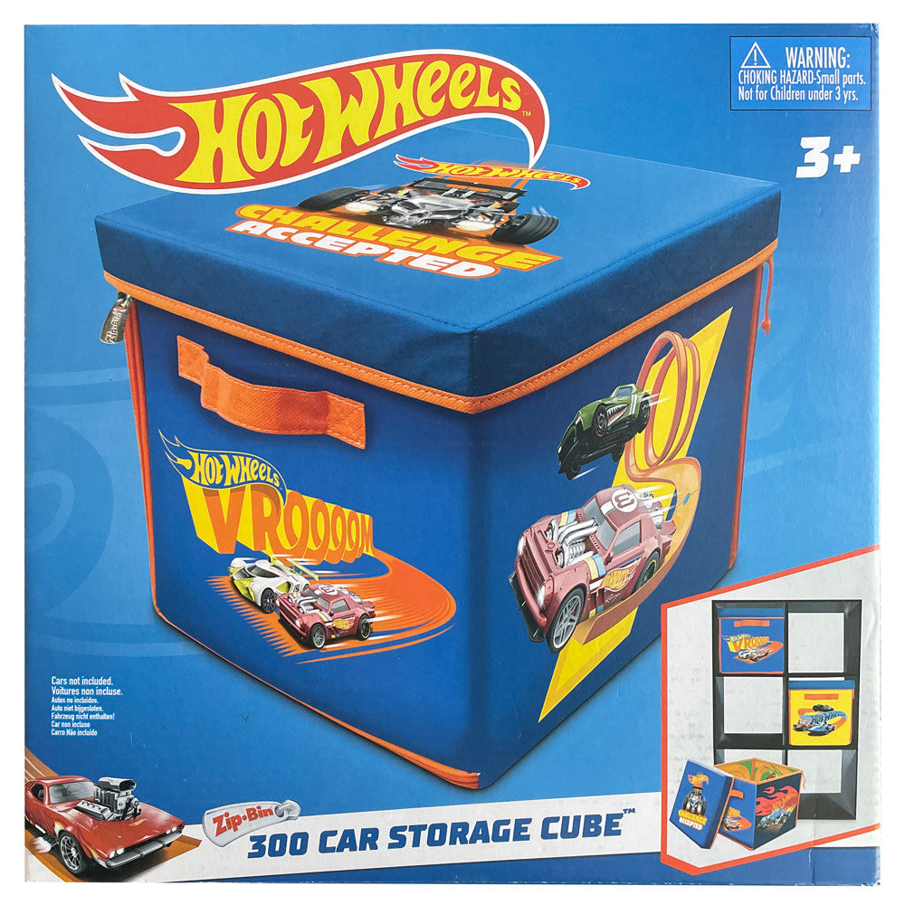 Hot Wheels ZipBin 300 Car Storage Cube, blue collapsible storage box with orange trim and Hot Wheels branding, shown with lid open and car organizer visible