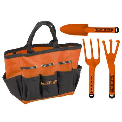 Black+Decker kids' gardening toolset with orange and black tote bag, shovel, and two garden forks on plain background