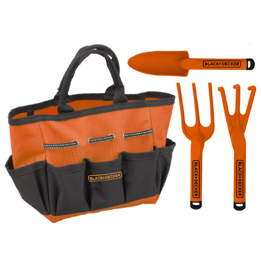 Black+Decker kids' gardening toolset with orange and black tote bag, shovel, and two garden forks on plain background