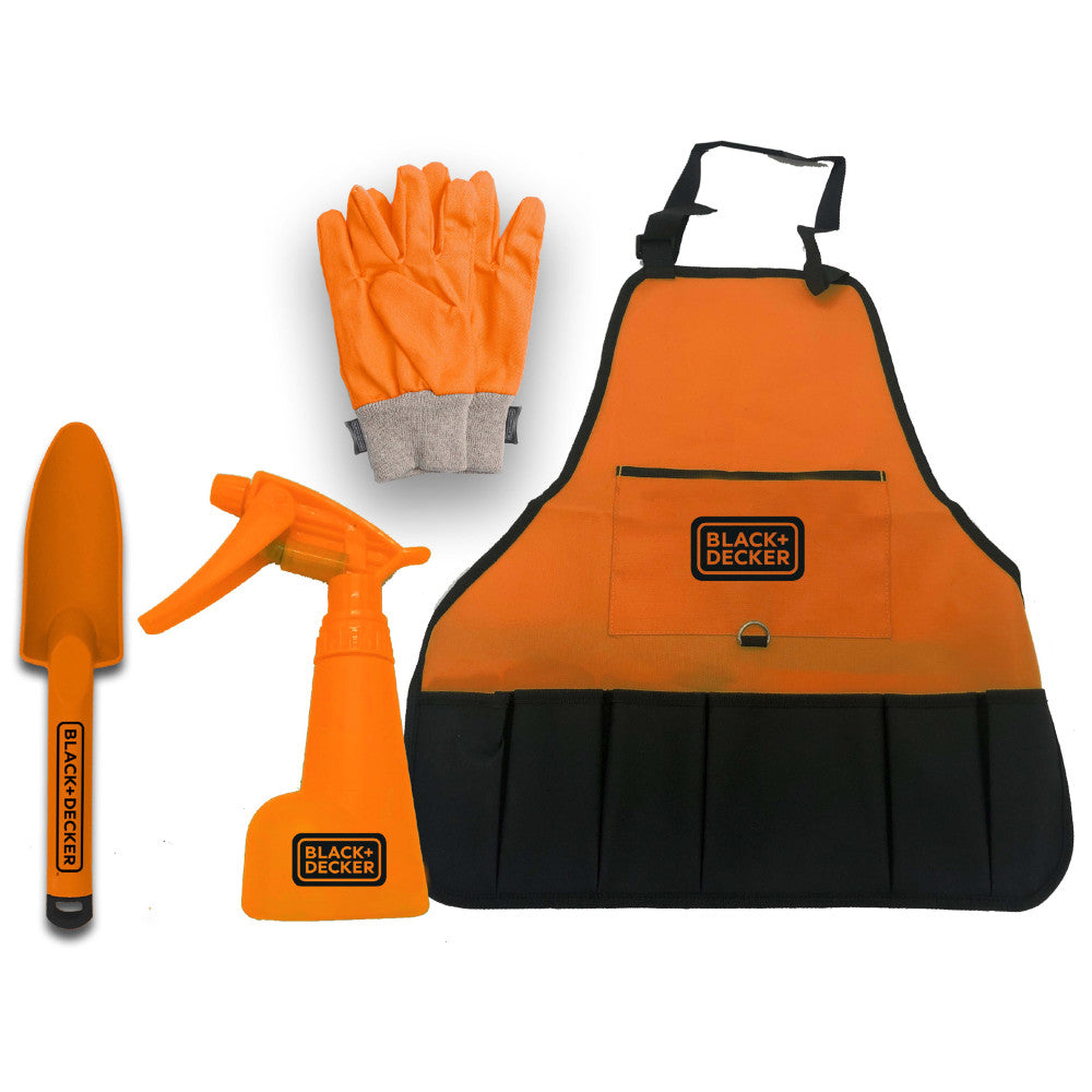 Black and Decker Kids 4-piece gardening set including orange gloves with gray cuff, small shovel, hammer tool, and orange and black apron with storage pockets