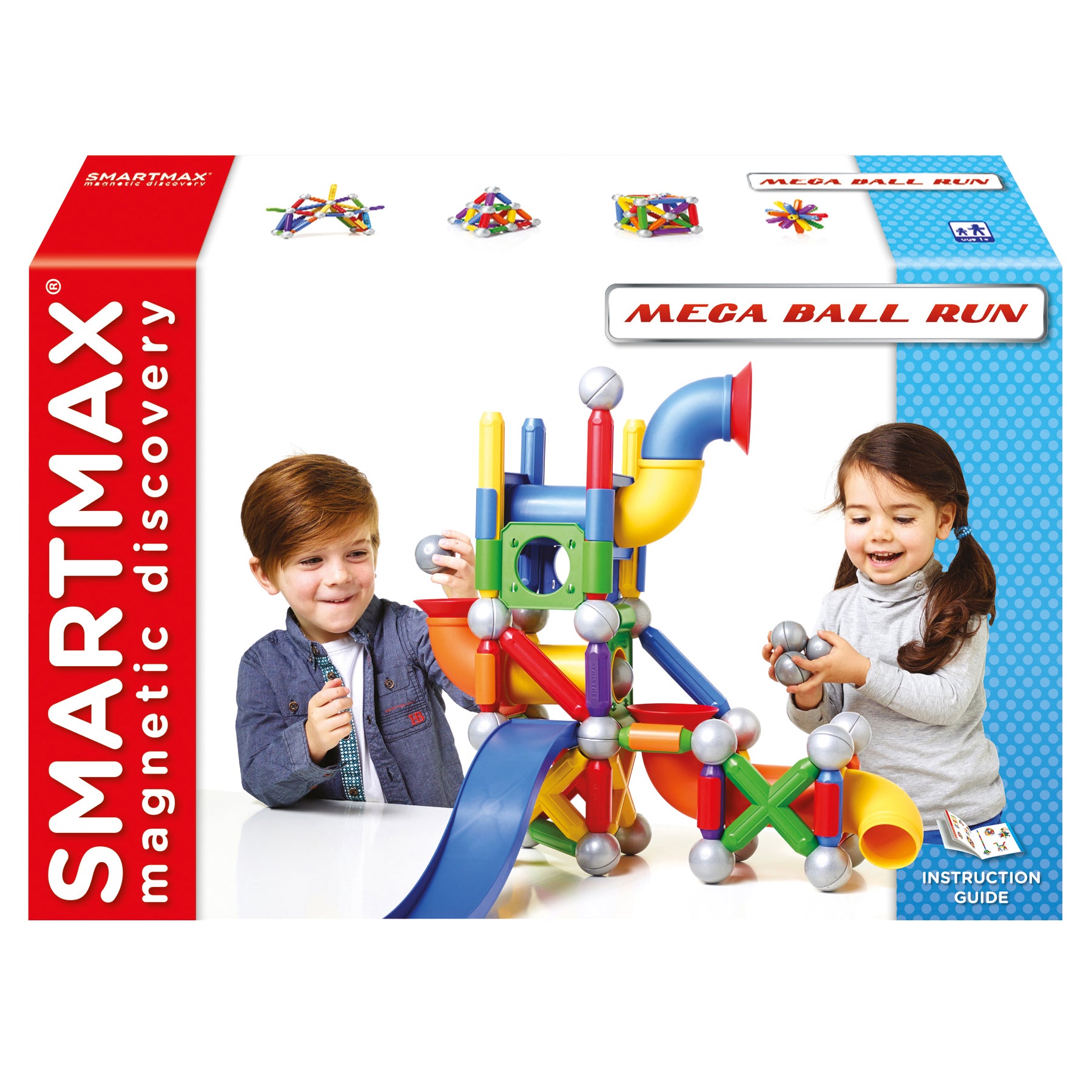 SmartMax Mega Ball Run building set modeled by two children with colorful magnetic rods and silver balls creating a tower structure with ramps and chutes