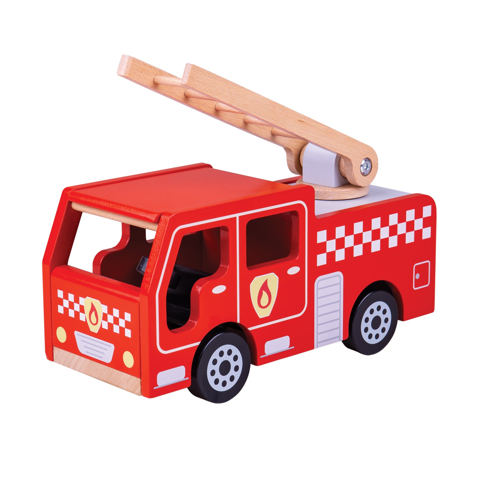 Red wooden fire engine toy with swivel ladder on roof, white checkered details, opening doors, and black wheels