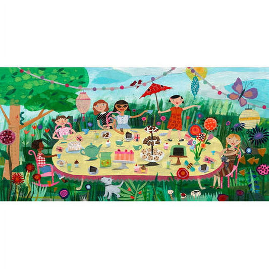 Colorful illustrated canvas art showing children gathered around a yellow table for an outdoor tea party in a garden with flowers, trees, kites, and decorative