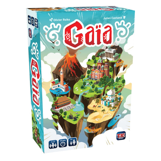 Gaia board game box showing colorful floating islands with volcano, temples, buildings, and desert landscape with 30 min play time, 2-5 players, ages 8+
