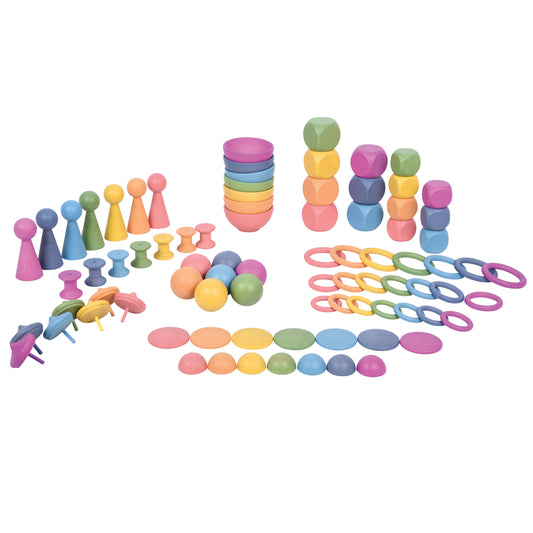 84-piece wooden toy set with colorful cones, stacking rings, spheres, discs, and chain links in pastel rainbow colors arranged on white background