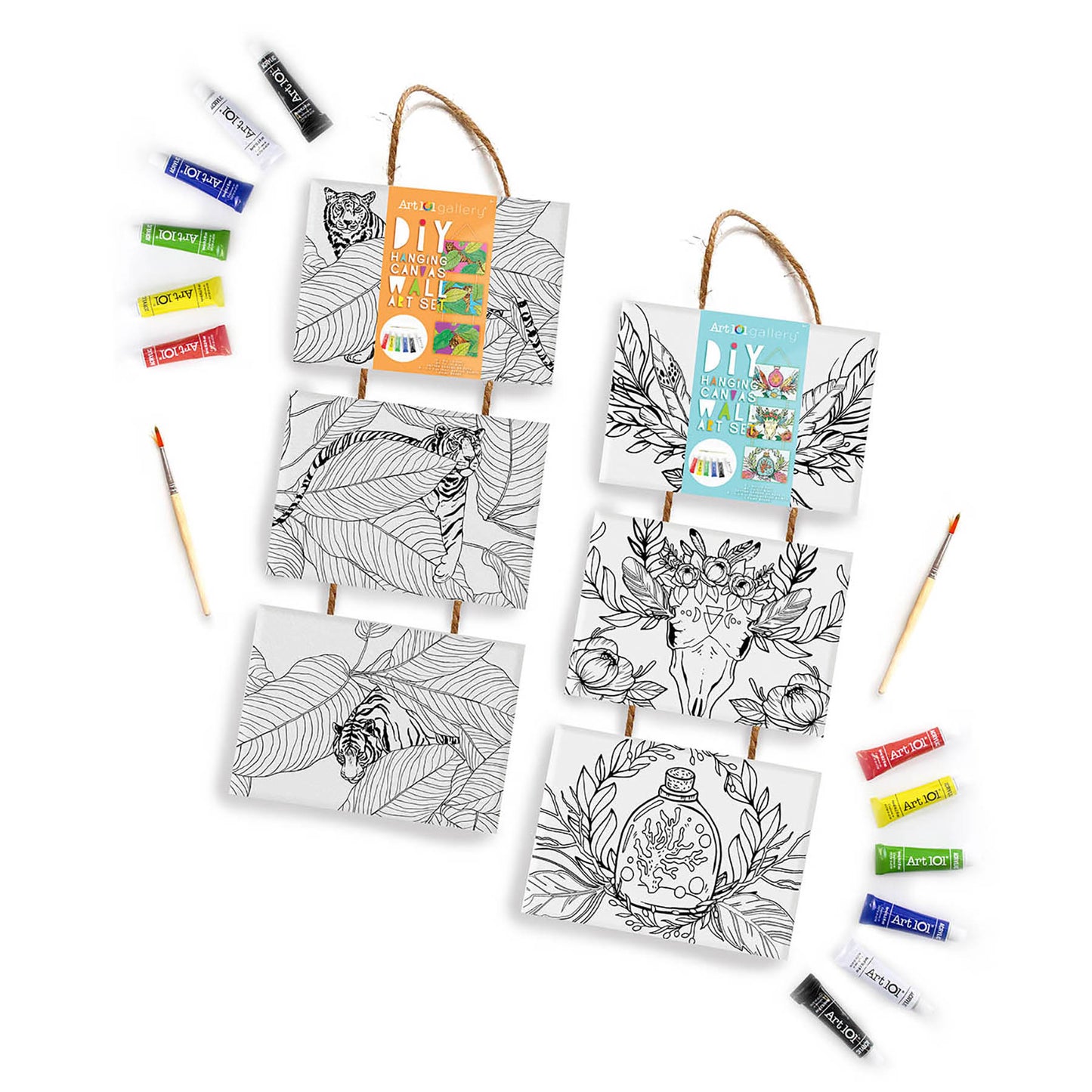Art 101 DIY Canvas Art Set with two hanging canvas panels featuring line-art animals and botanicals, acrylic paint tubes in assorted colors, and paintbrushes