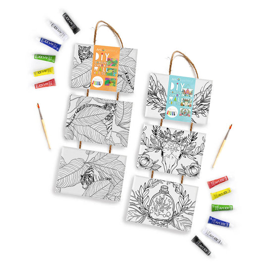 Art 101 DIY Canvas Art Set with two hanging canvas panels featuring line-art animals and botanicals, acrylic paint tubes in assorted colors, and paintbrushes