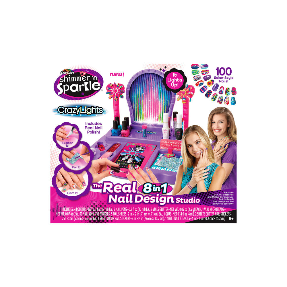 Cra-Z-Art Shimmer 'N Sparkle Crazy Lights 8-in-1 Nail Design Studio with LED light-up display, nail polish bottles, and design tools, modeled by two children di