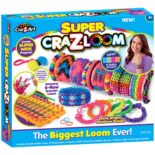 Super Cra-Z-Loom bracelet maker kit box showing colorful woven rubber band bracelets, 6-row loom, neon bands, and modeled by a child wearing a finished bracelet