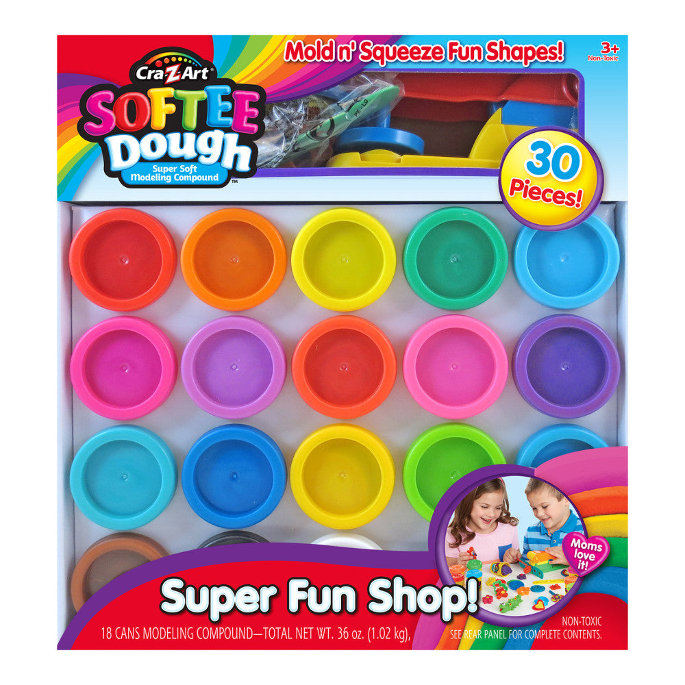 Cra-Z-Art Softee Dough Super Soft Modeling Compound set with 18 cans of colorful dough in red, orange, yellow, green, blue, pink, purple, and cyan, plus mold an
