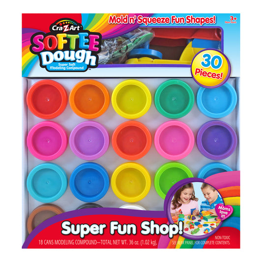 Cra-Z-Art Softee Dough Super Soft Modeling Compound set with 18 cans of colorful dough in red, orange, yellow, green, blue, pink, purple, and cyan, plus mold an