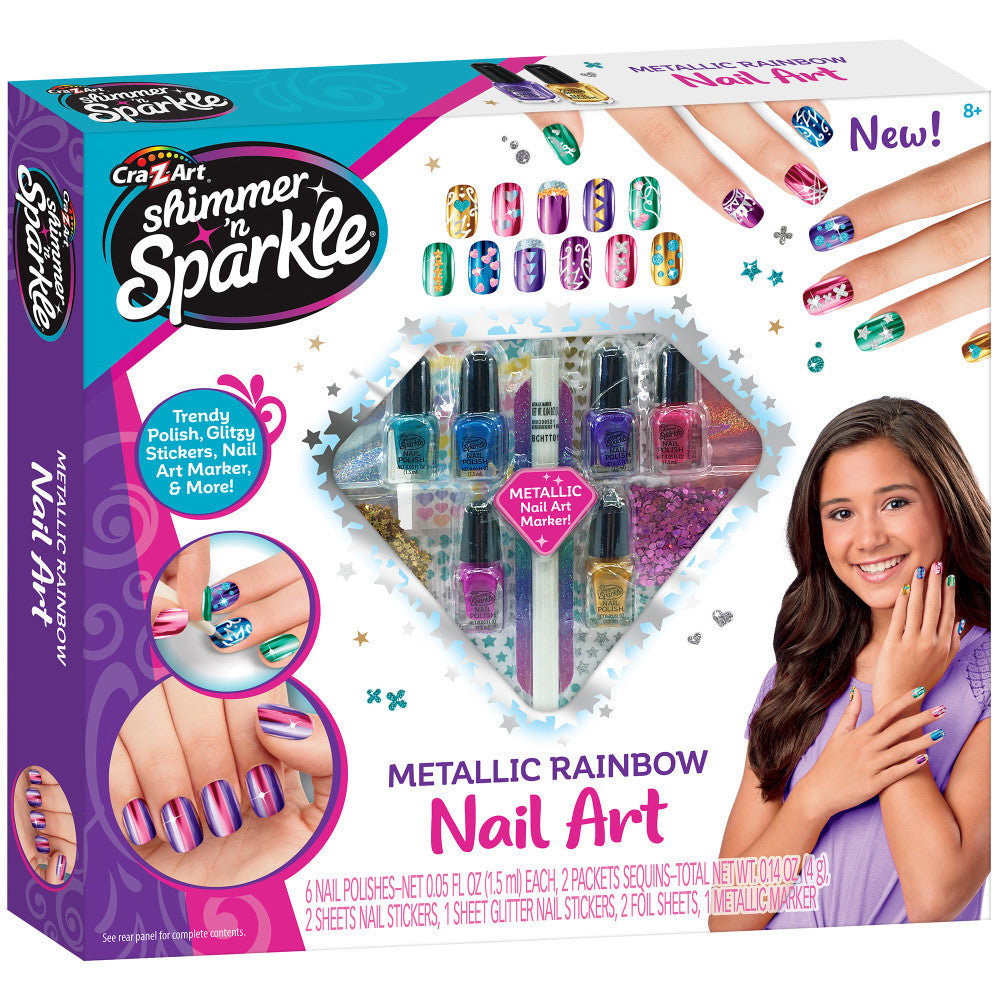 Cra-Z-Art Shimmer 'N Sparkle Metallic Rainbow Nail Art kit displayed on purple and turquoise packaging, showing nail polish bottles, metallic markers, stickers,