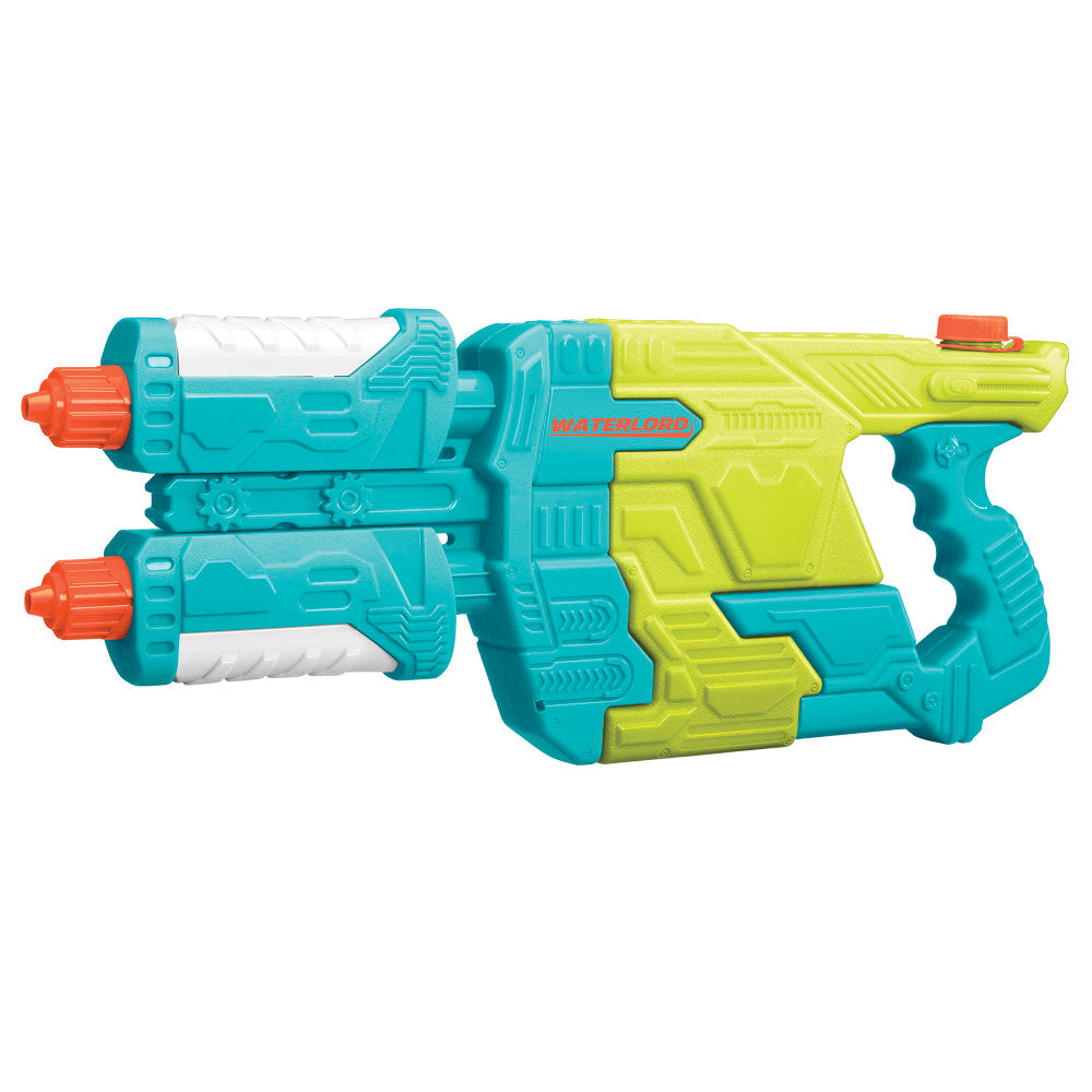 Water Warriors Waterlord dual-barrel water blaster in turquoise, lime green, and orange with two water tanks and trigger grip