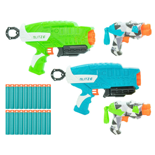 Air Warriors Blitz Fire Dart Blaster Combo Pack with green and blue foam dart guns, smaller blasters, and foam darts on plain background