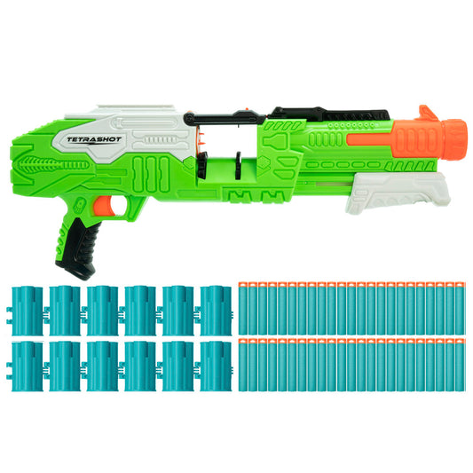 Air Warriors Tetrashot dart blaster in bright green with white and orange accents, shown with teal foam darts and ammunition belts