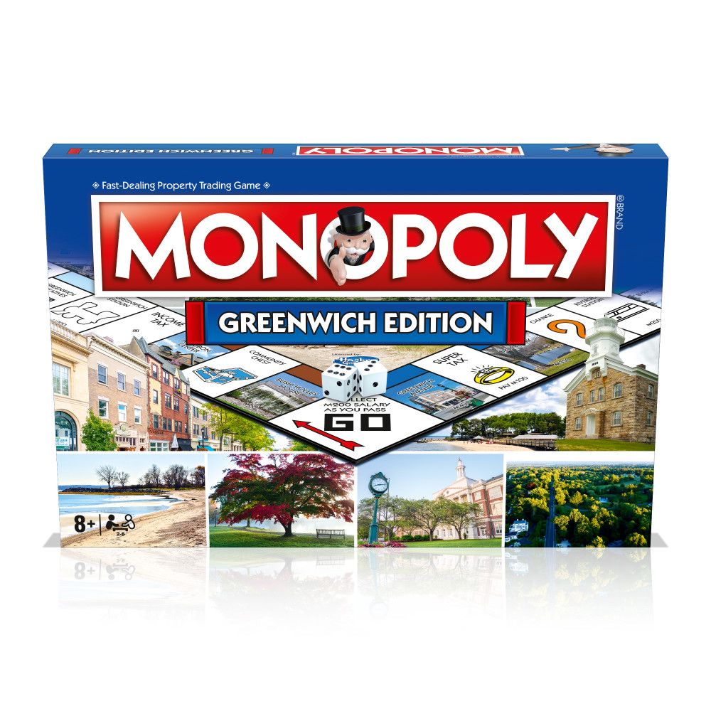 Monopoly Greenwich Edition board game box featuring the classic Monopoly logo, game board with dice and property cards, and photographs of Greenwich landmarks i