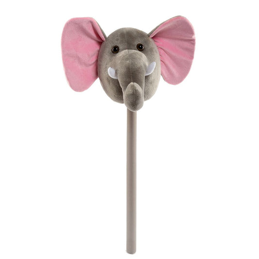 Grey plush elephant head with pink ears on a stick handle, musical riding toy for toddlers