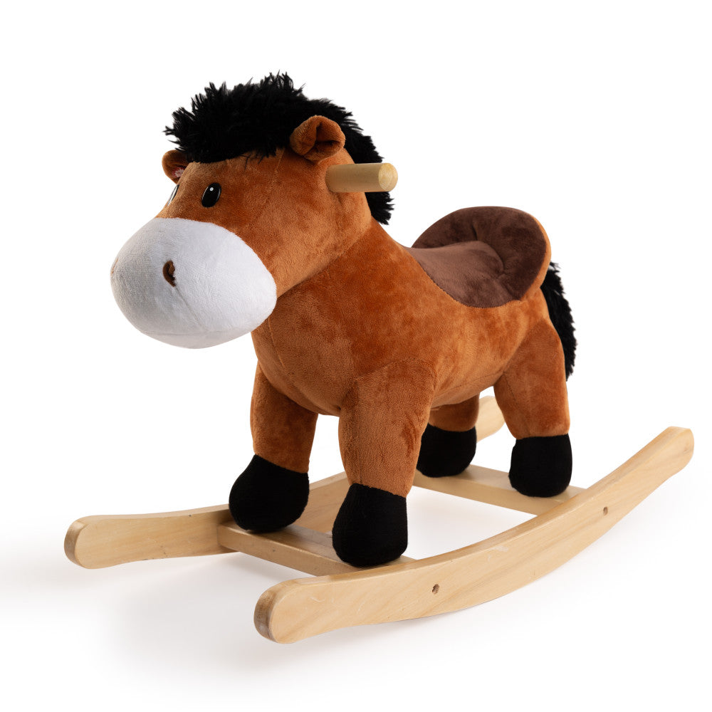 Brown plush rocking horse with black mane and hooves, white muzzle, on natural wood rockers