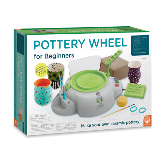 Pottery Wheel for Beginners kit box showing white electric wheel with green trim, clay tools, and example ceramic pots painted with colorful designs