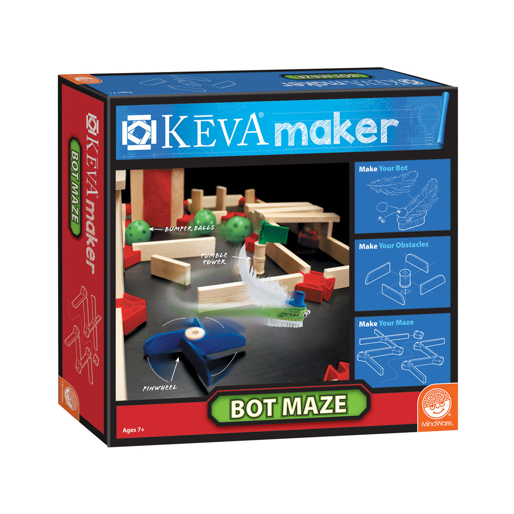 KEVA Maker Bot Maze building set box showing wooden blocks, red and green components, blue robot with wheel, and instruction panels for making a bot, obstacles,