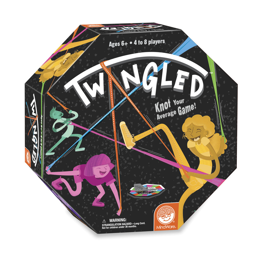 Twangled board game box featuring colorful illustrated characters tangled in string on black background, ages 6+, 4 to 8 players