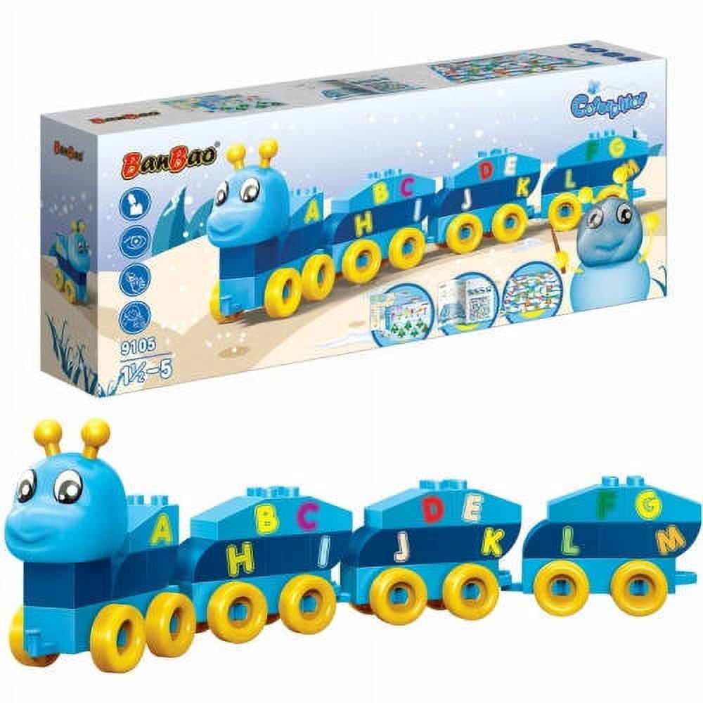 BanBao Caterpillar Letters Building Set with blue articulated caterpillar body, yellow wheels, and letter blocks spelling alphabet, shown in packaging and assem