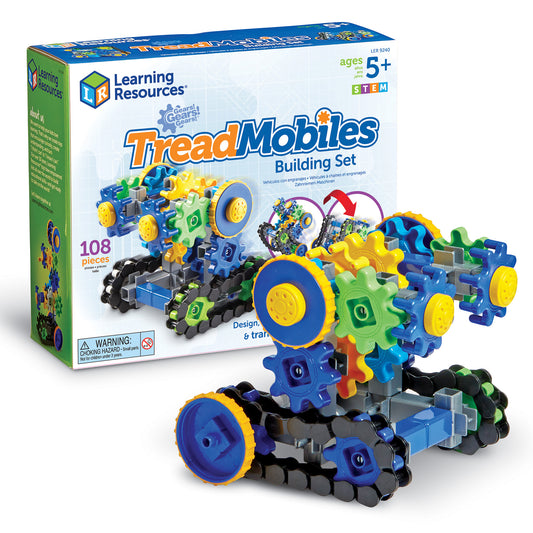 Learning Resources Gears! Gears! Gears! Treadmobiles Building Set with 108 colorful plastic pieces in blue, green, yellow, and black forming wheeled vehicles wi
