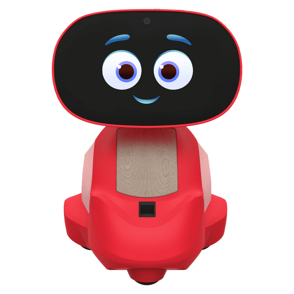 Miko 3 red and black AI robot with large blue eyes, smiling expression, and gray chest panel on plain white background