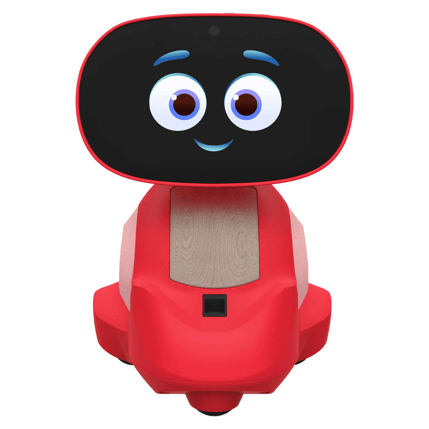 Miko 3 red and black AI robot with large blue eyes, smiling expression, and gray chest panel on plain white background