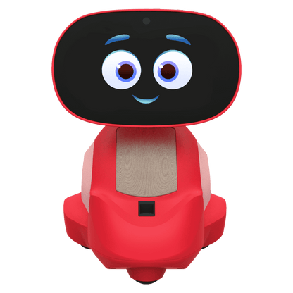 Miko 3 red and black AI robot with large blue eyes, smiling expression, and gray chest panel on plain white background
