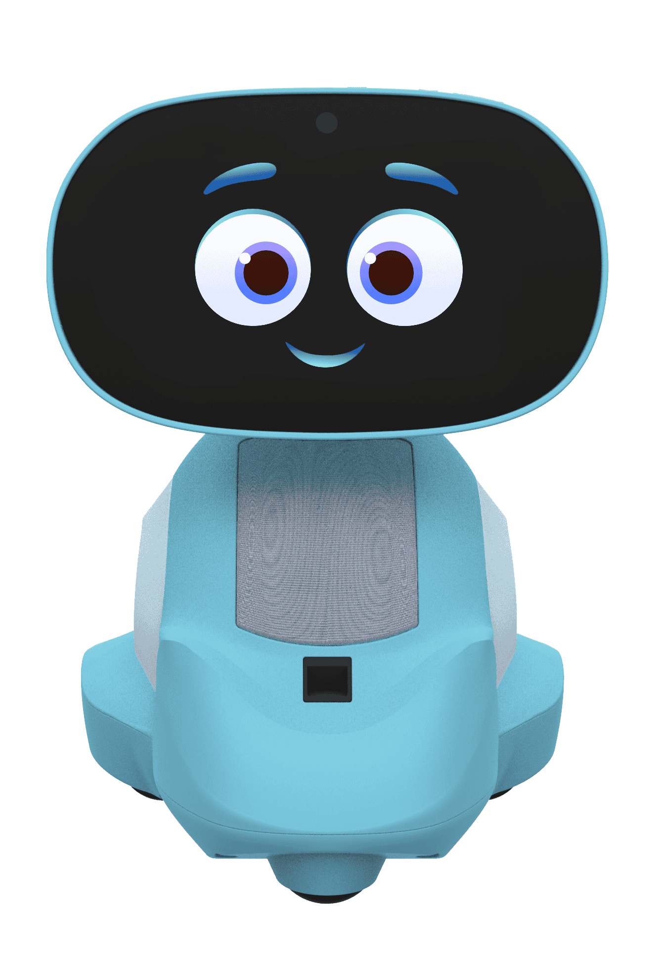 Miko 3 AI-powered smart robot with turquoise body, black rounded screen face with large blue eyes and friendly smile expression