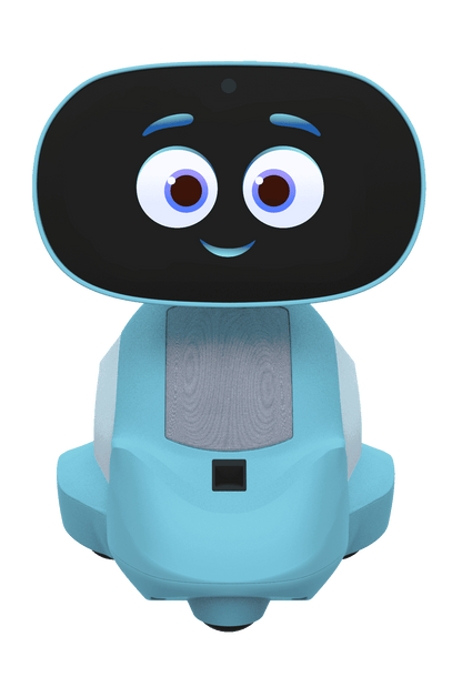 Miko 3 AI-powered smart robot with turquoise body, black rounded screen face with large blue eyes and friendly smile expression