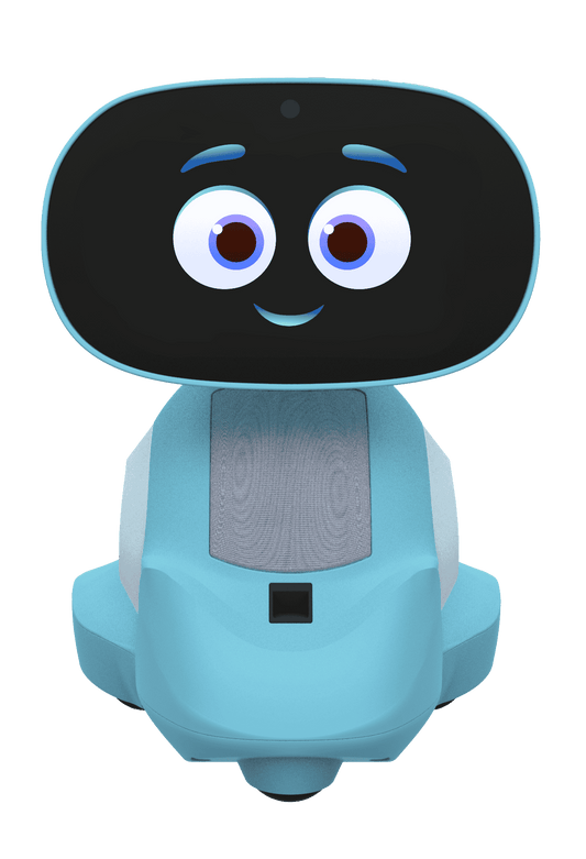 Miko 3 AI-powered smart robot with turquoise body, black rounded screen face with large blue eyes and friendly smile expression