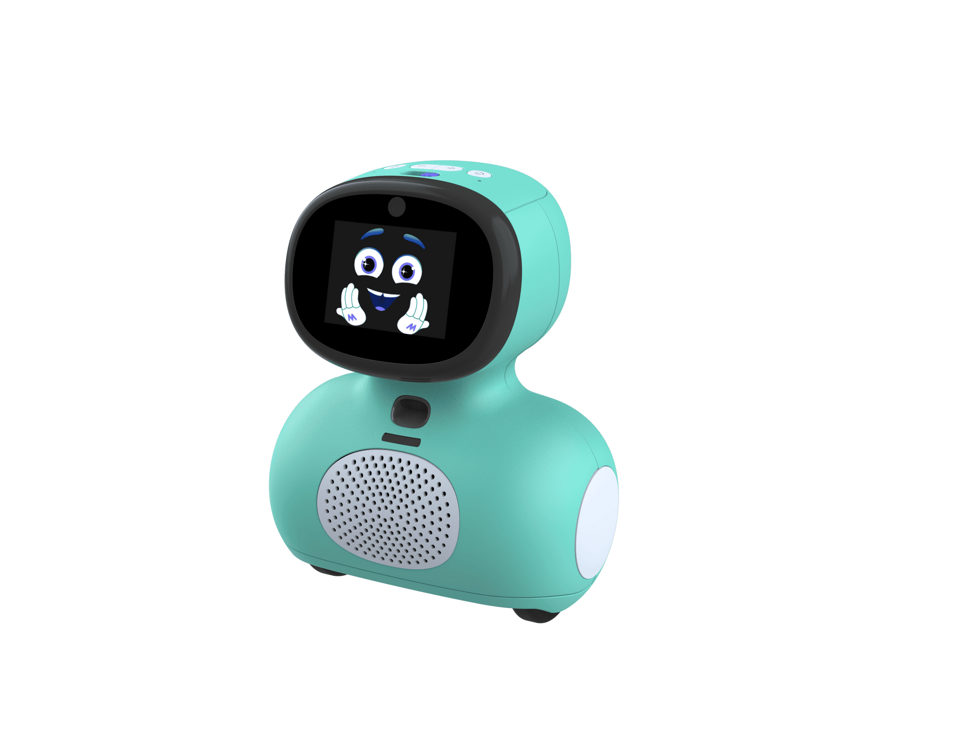 Turquoise and black AI interactive robot with rounded body, animated face on screen display, speaker grille, and white accents
