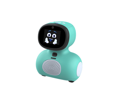 Turquoise and black AI interactive robot with rounded body, animated face on screen display, speaker grille, and white accents
