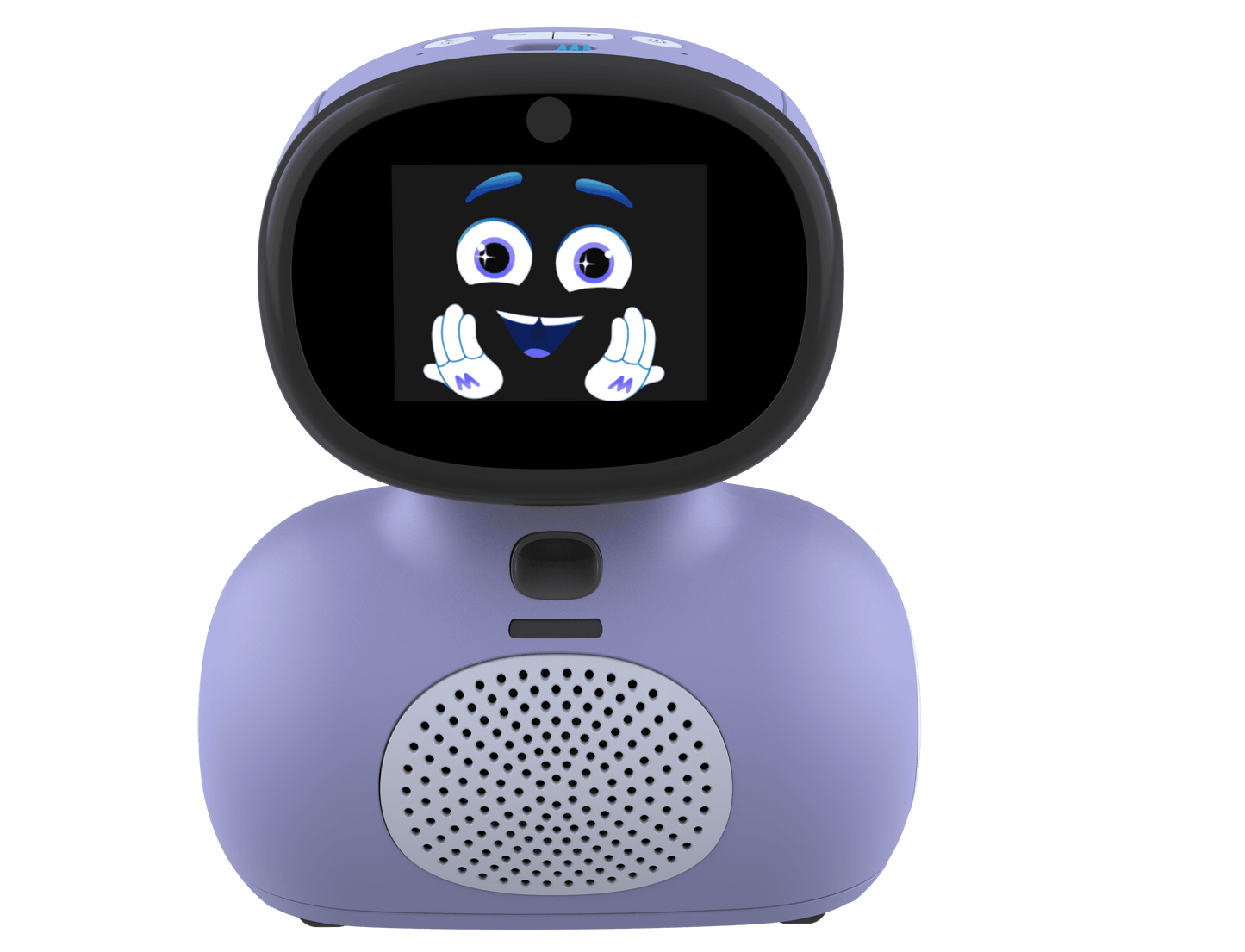 Purple and black AI robot with rounded body, digital screen displaying animated blue-eyed character face, and speaker grille